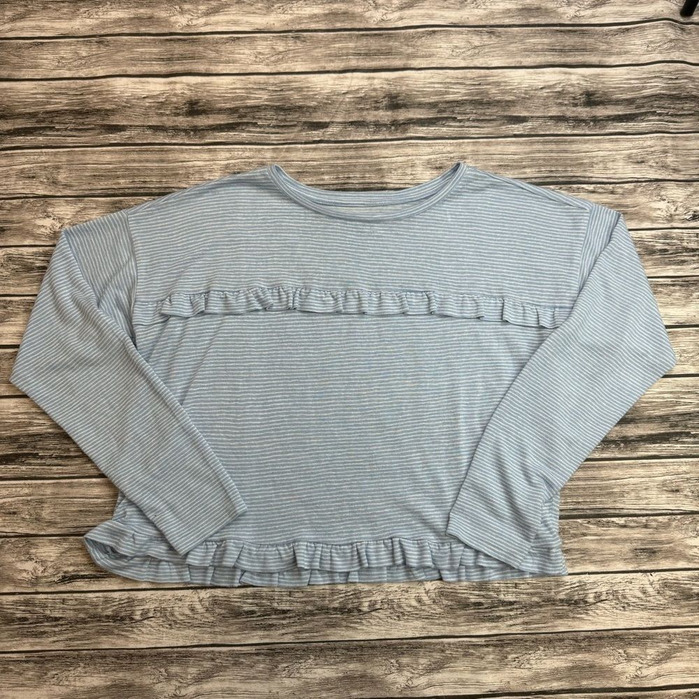 Women's LOFT Blue White Striped Crop Tee Ruffle Hem Long Sleeve M - Picture 12 of 13